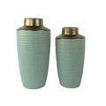 Set of 2 Green Brown Ceramic Vases With Copper Rim - Modern Textured Design | Aria Home