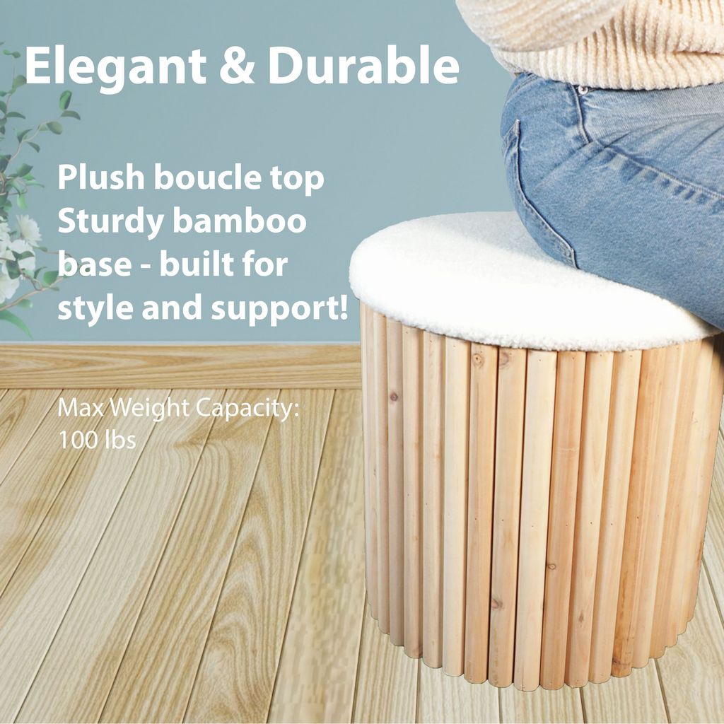 Esme Ottoman Collection - Mid-Century Modern Bamboo & Boucle Storage Ottoman - Aria Home
