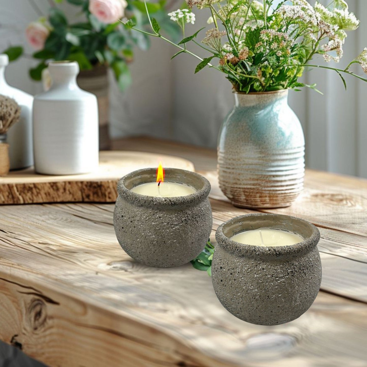 Set of 2 Rustic Gray Ceramic Candle Jars - 12oz Floral Scented Indoor Outdoor Candles With Long-Last - Aria Home