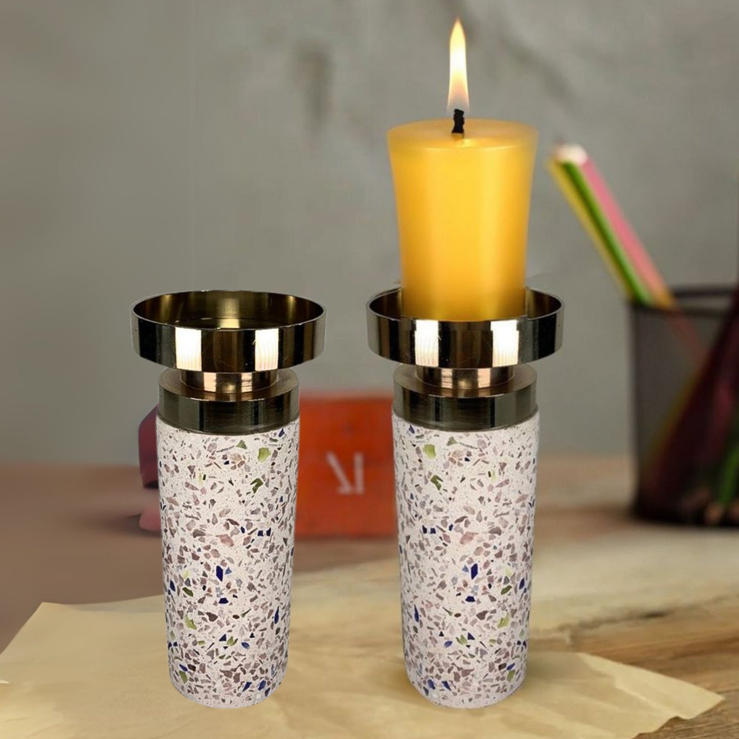 Set of 2 Splattered Candlesticks With Gold  Top, Splat Collection [Small Size]