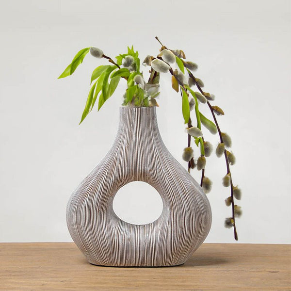 Striped Modern White Vase | White Polyresin Decor | Holiday Gift | Contemporary White Vase - Aria Home