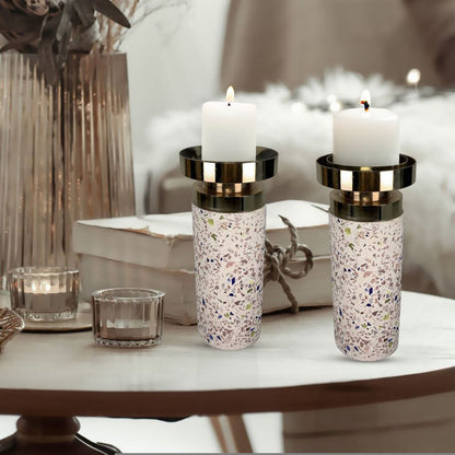 CECA302 PINK BLK SPOTS CANDLE HOLDERS