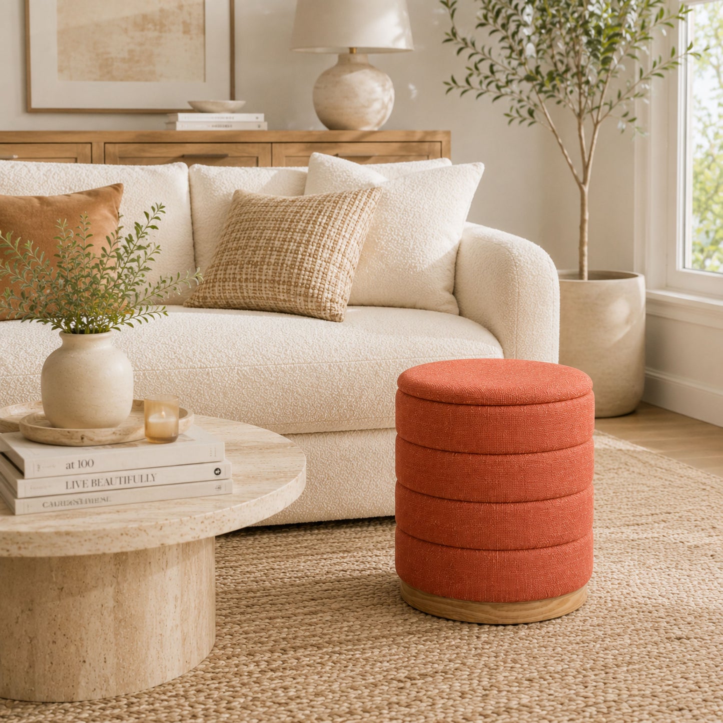 OT622 CORAL ORANGE OTTOMAN