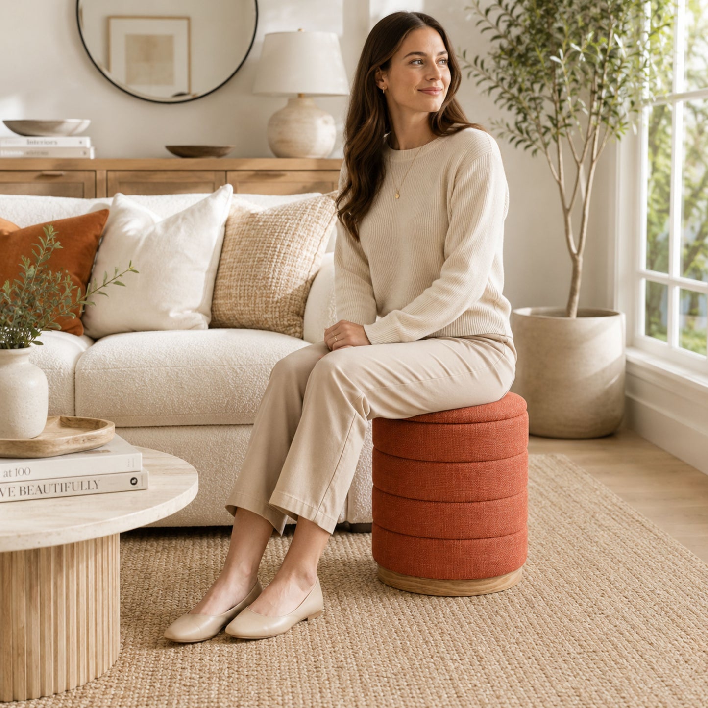 OT622 CORAL ORANGE OTTOMAN