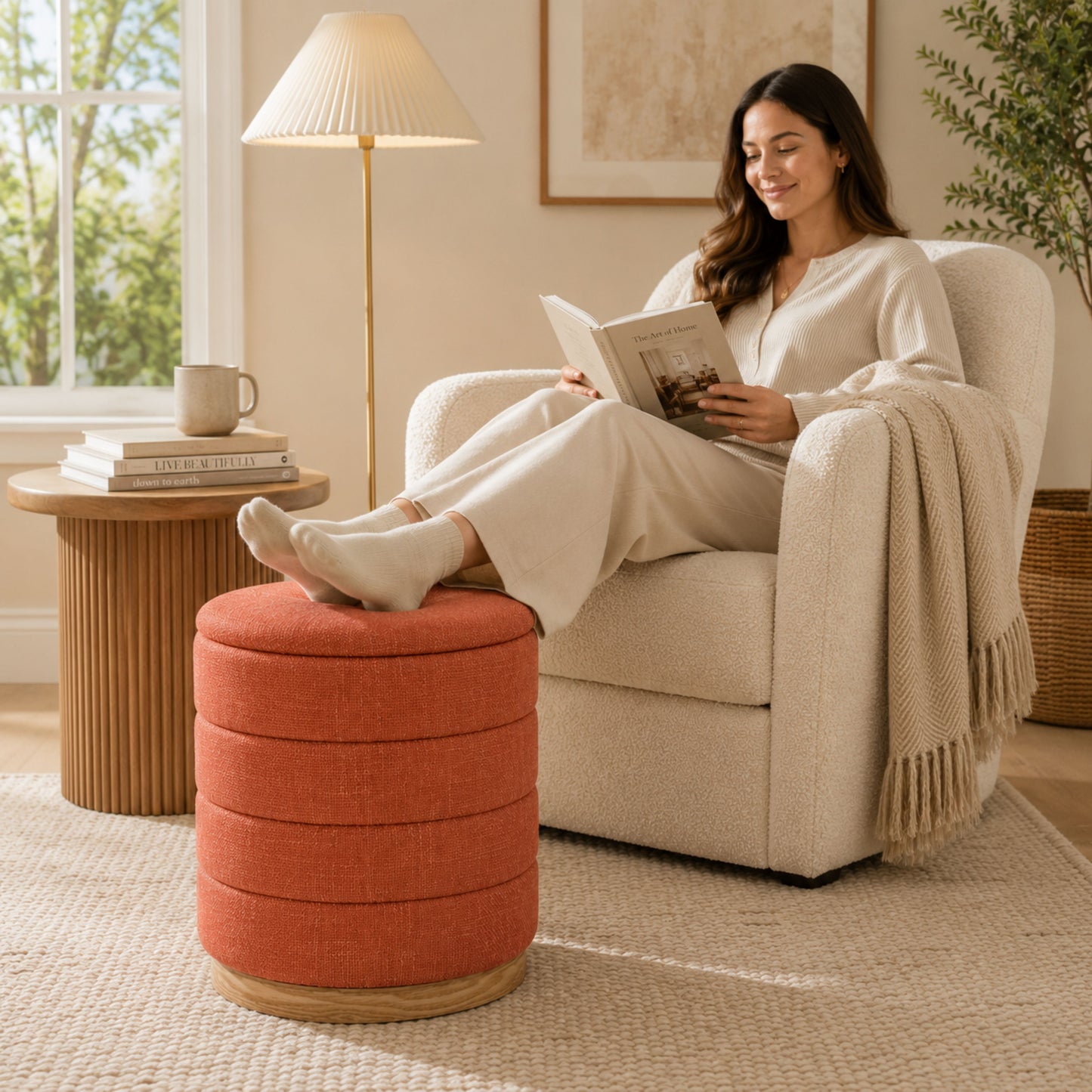 OT622 CORAL ORANGE OTTOMAN