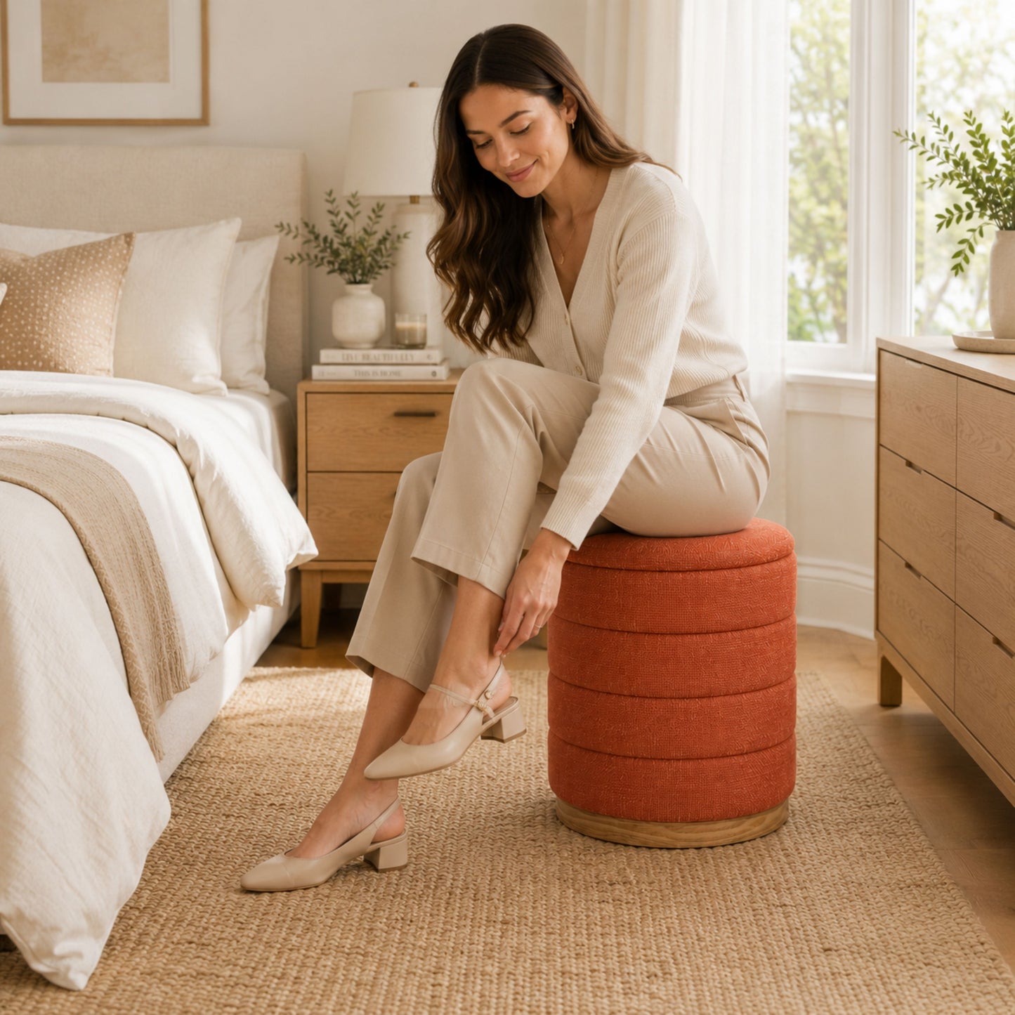 OT622 CORAL ORANGE OTTOMAN