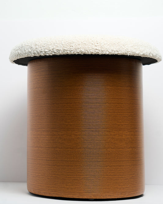 Boucle and Wood Ottoman Stool in Coffee