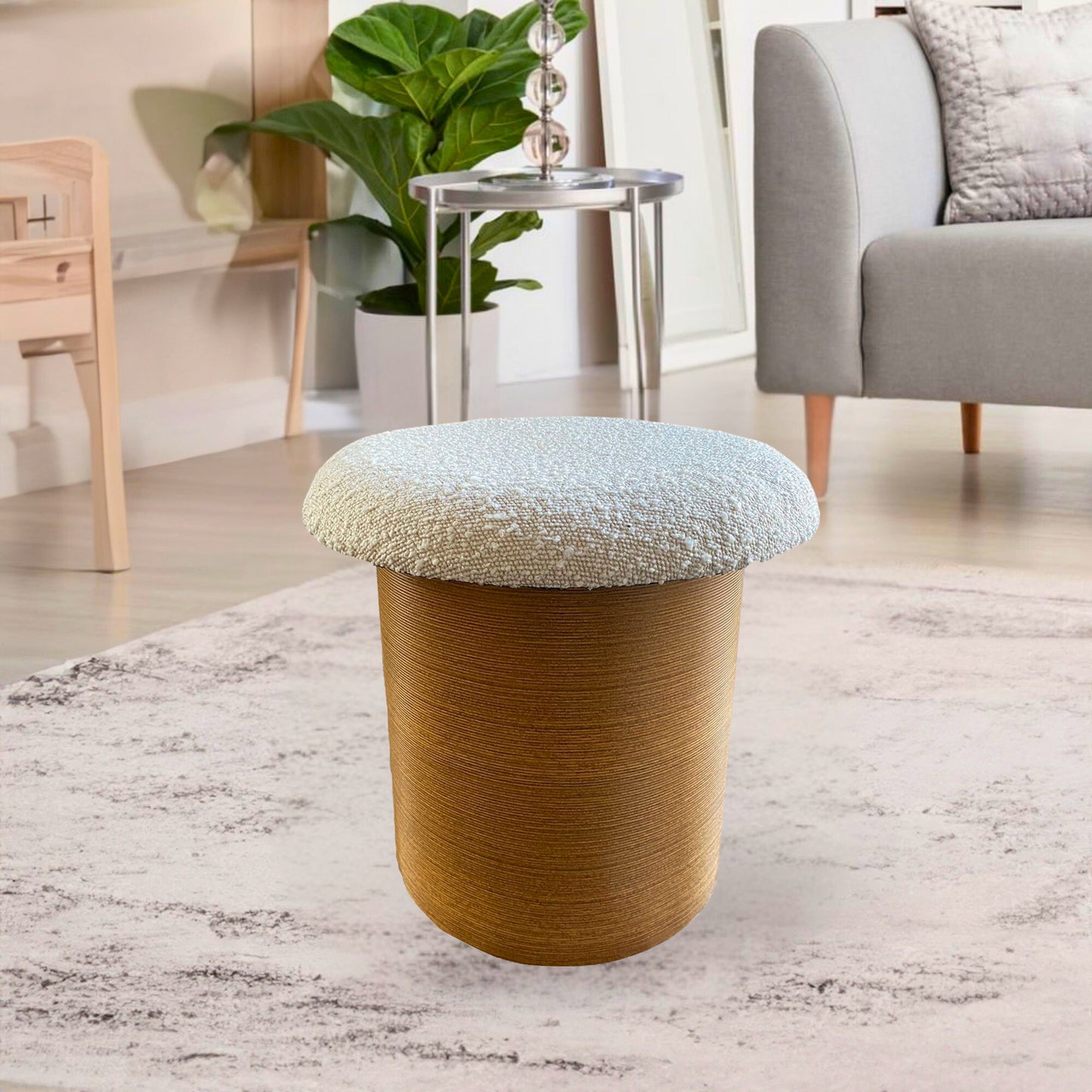 Modern Wood and Boucle Ottoman - Lightweight 16-Inch Accent Piece for Seating Or Footrest