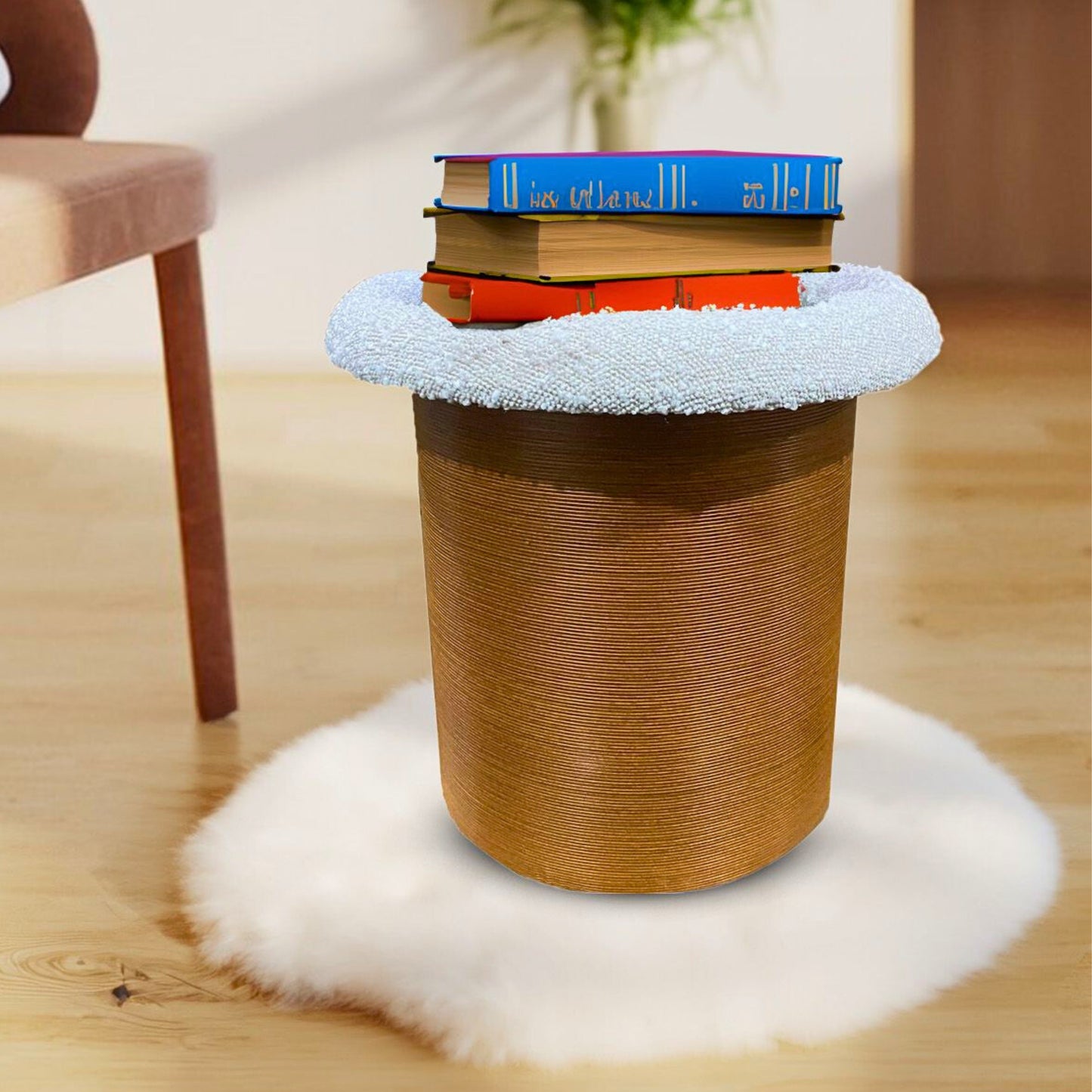 Boucle and Wood Ottoman Stool in Brown