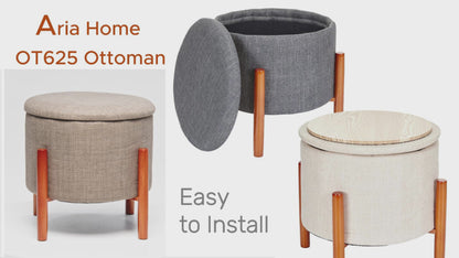 Upholstered Linen Round Storage Ottoman Table With Pine Legs